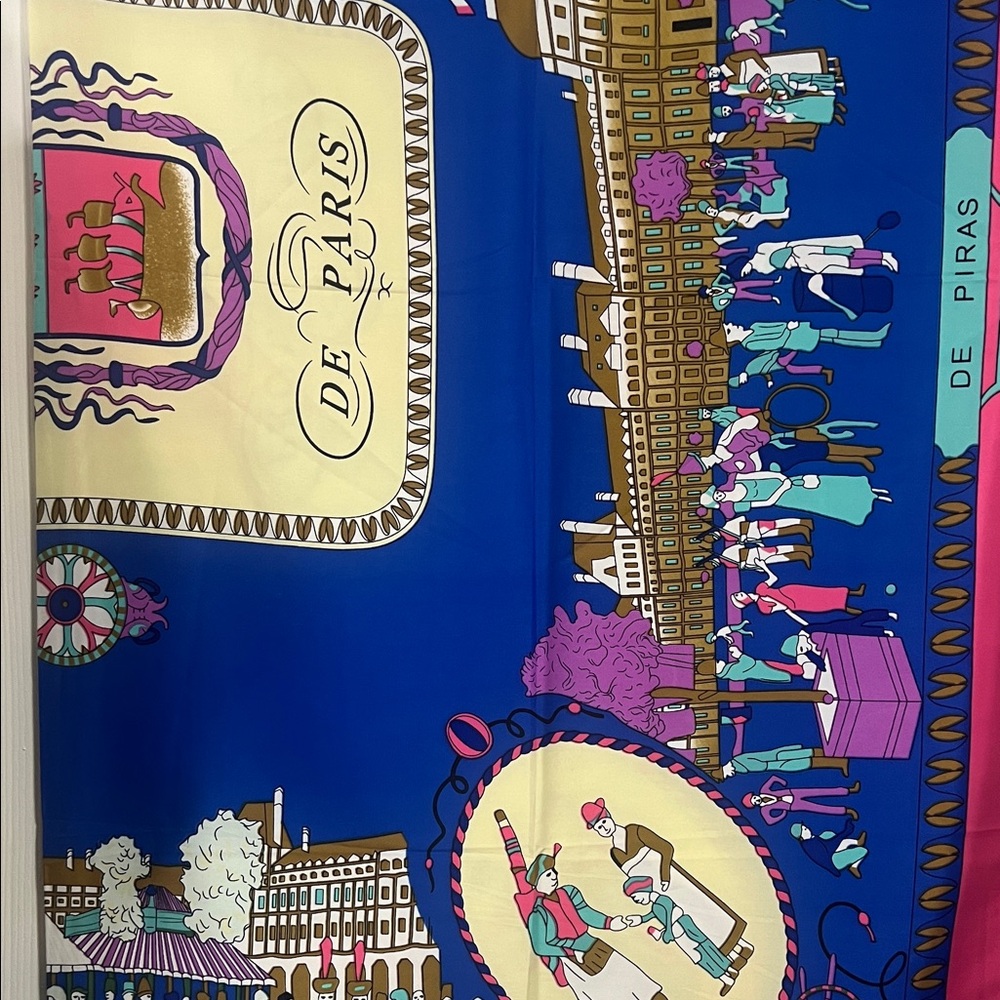 Paris Scenic Silk Scarf in Royal Blue, Pink & Cream